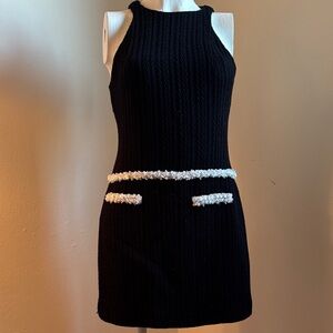 Black Sleeveless Knit Mini Dress with White Trim